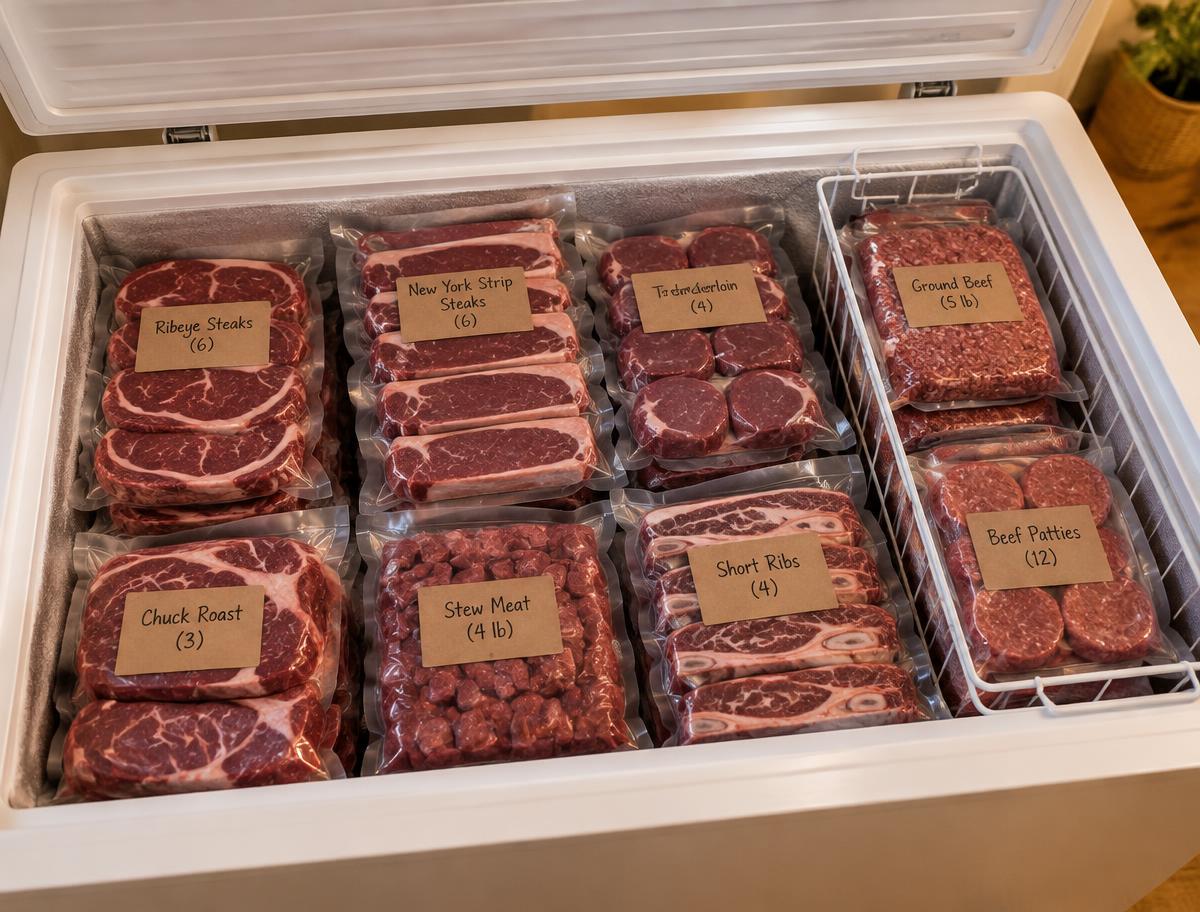 Vacuum-sealed labelled beef packed into a home freezer